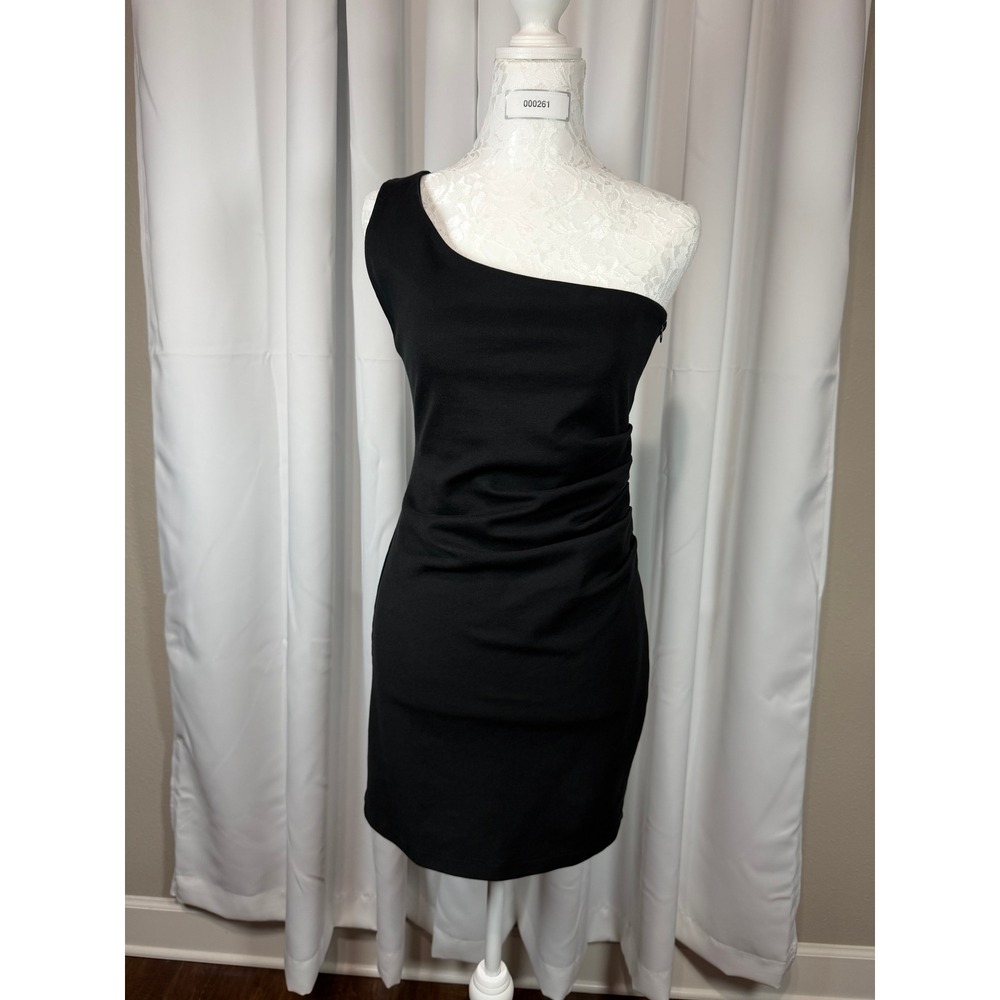 Zara Black One Shoulder Ruched Mini Bodycon Dress Womens Medium LBD Side Zip